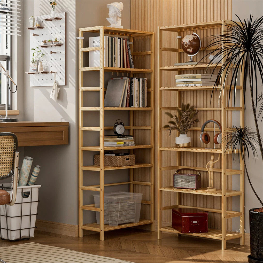 Tall Bamboo Shelf with 6 Adjustable Tiers for Books, Flowers, and Display