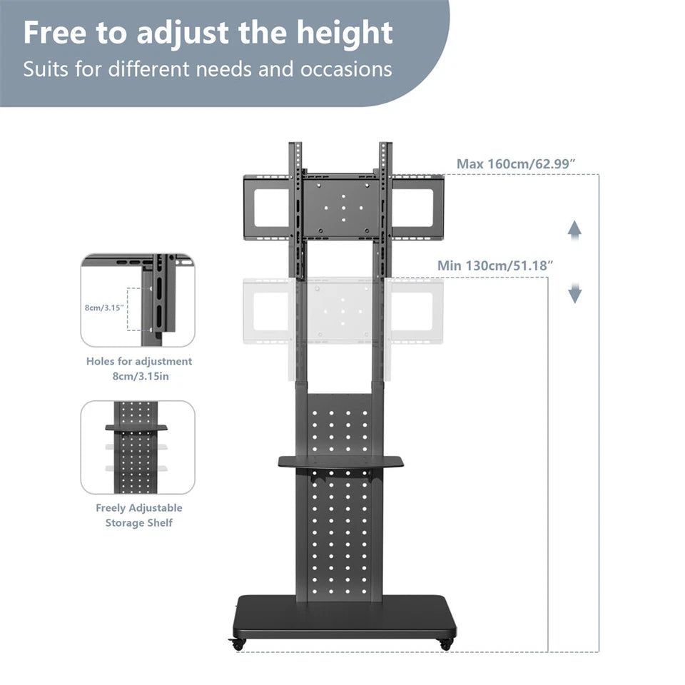 Adjustable rolling TV stand in a living space