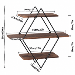 Dimensions diagram of the three tier diamond wall shelf showing overall size, shelf lengths and board depth