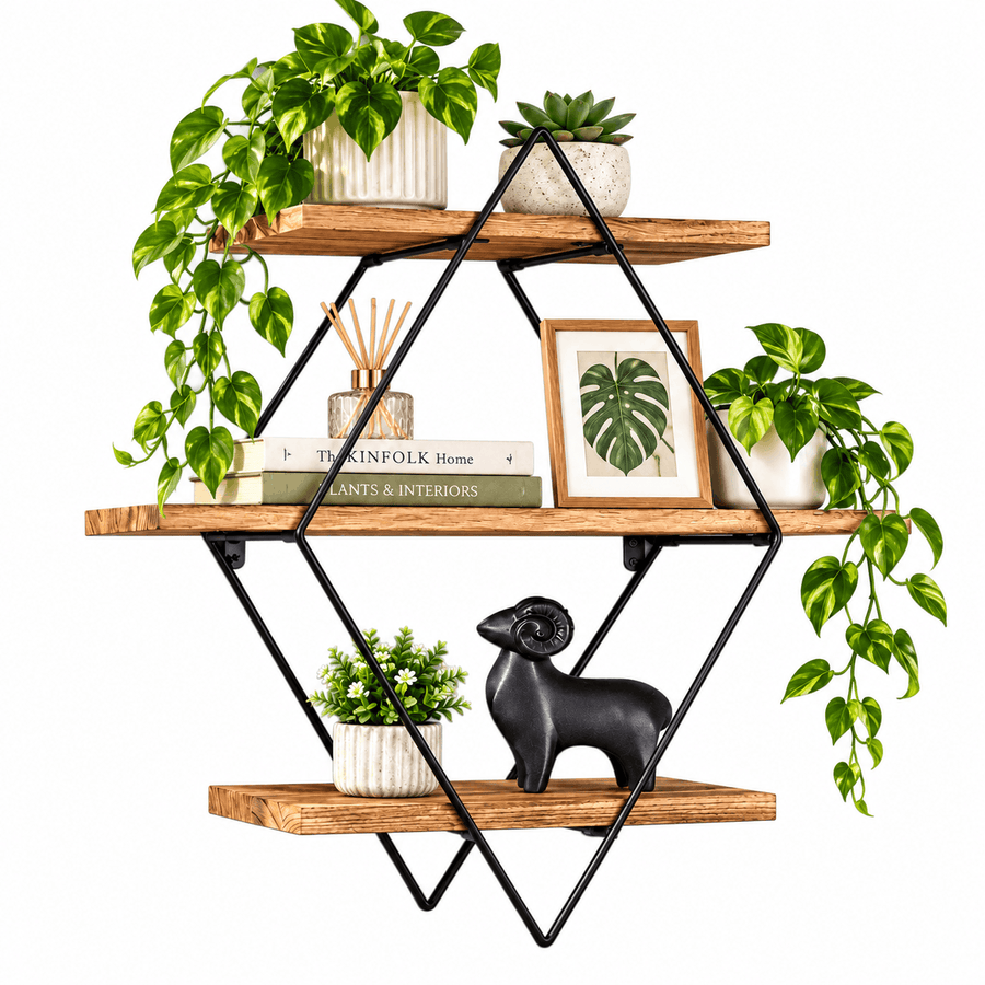 3 Tier Floating Wall Shelf Rustic Wood and Metal Diamond Frame
