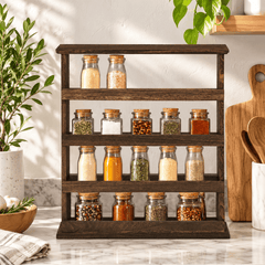 Wooden four tier spice rack standing on a marble benchtop filled with corked glass jars of spices and herbs