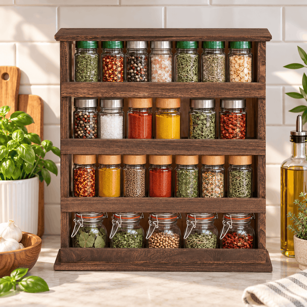 Dark wood four tier spice rack on a kitchen bench stocked with glass spice jars with metal, wooden and clip lids