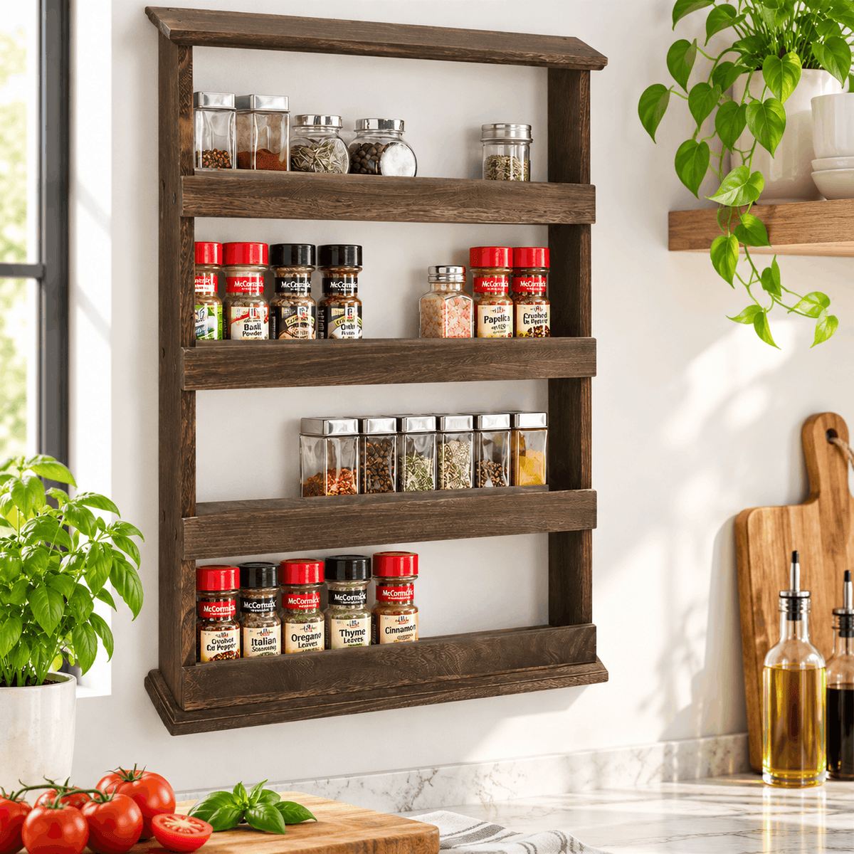 Wall mounted wooden spice rack with four tiers holding spice jars and shakers above a kitchen bench with tomatoes and basil