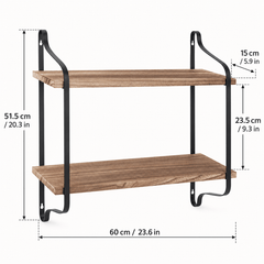 Dimensions diagram of the two tier wall shelf showing overall size, shelf depth and the gap between the shelves