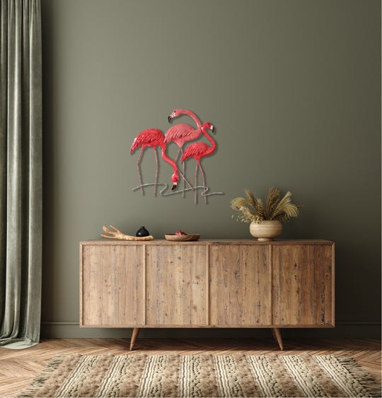 Coastal flamingo metal wall art with durable frame