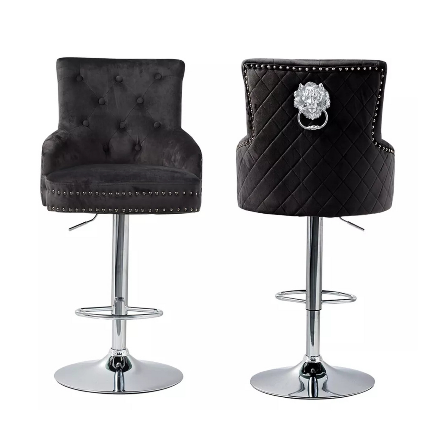 Black velvet 360 degree swivel bar stool with lion head detail
