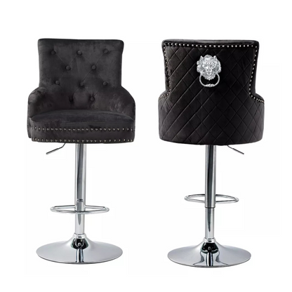 Black velvet 360 degree swivel bar stool with lion head detail