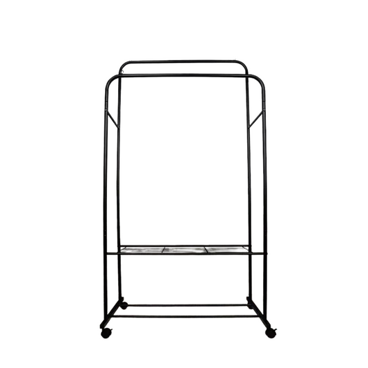 Black heavy duty garment rack with hanging rail and shoe shelf