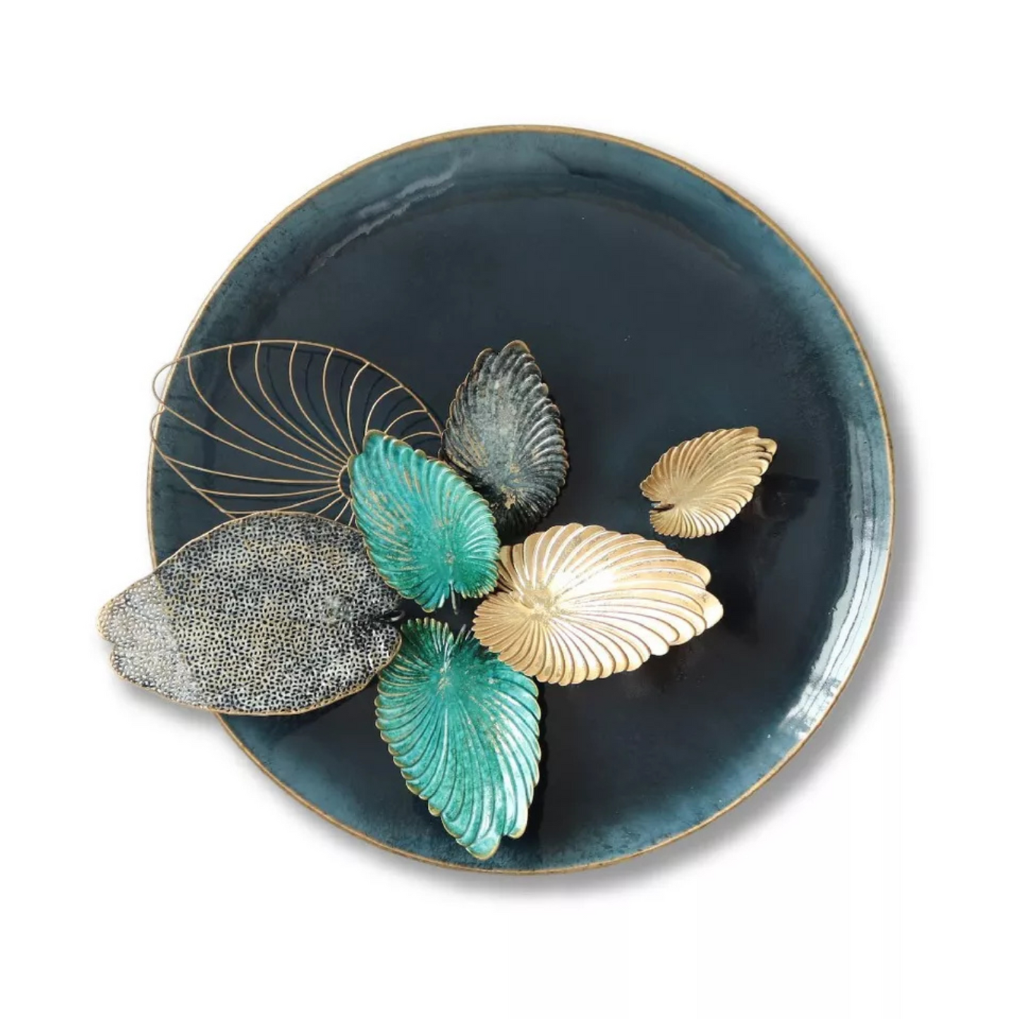 Multicolour round metal wall art with 3D leaf design