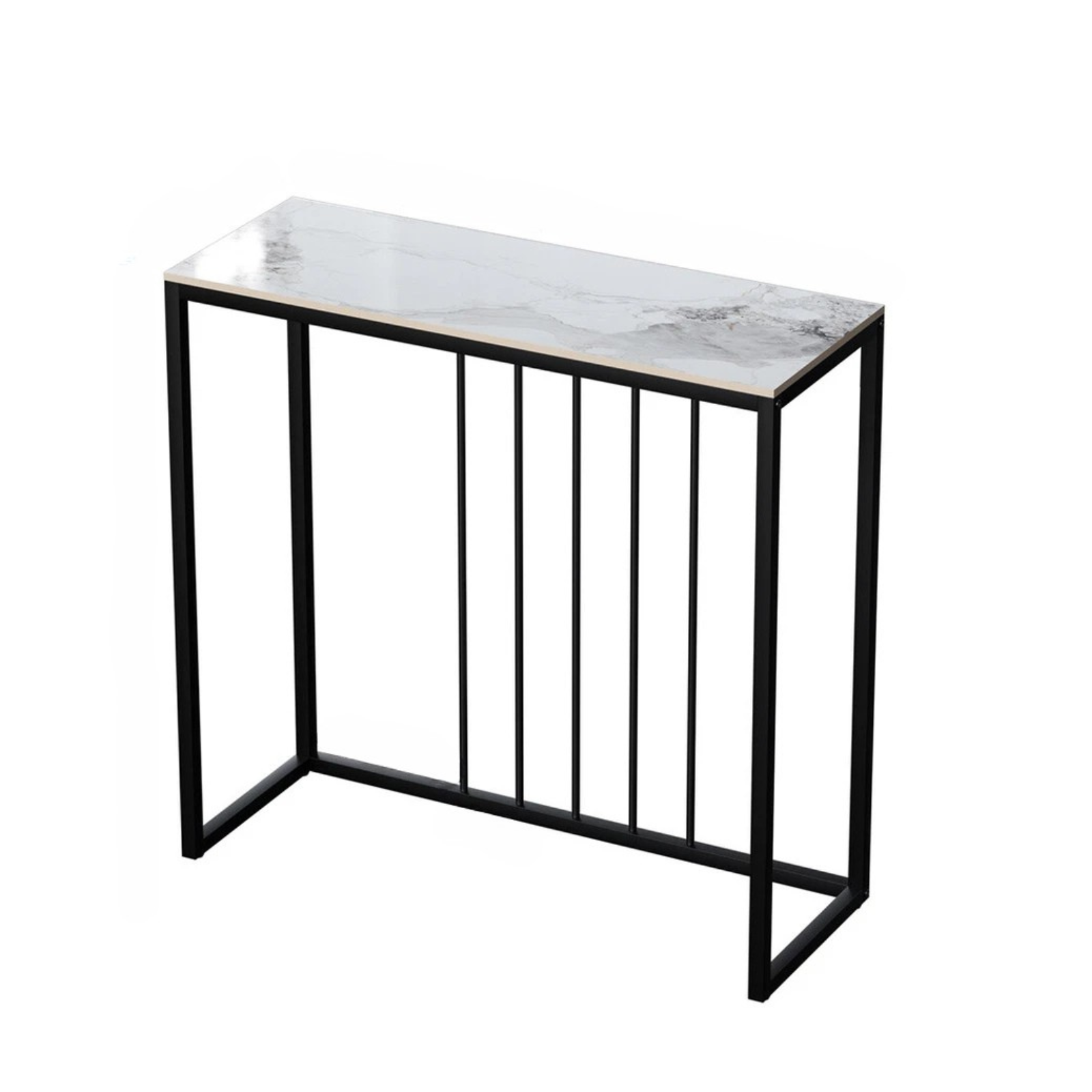White emerald sintered stone console table with minimalist metal frame