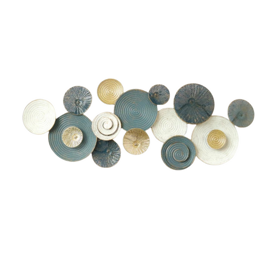 Blue white and gold circular metal wall art