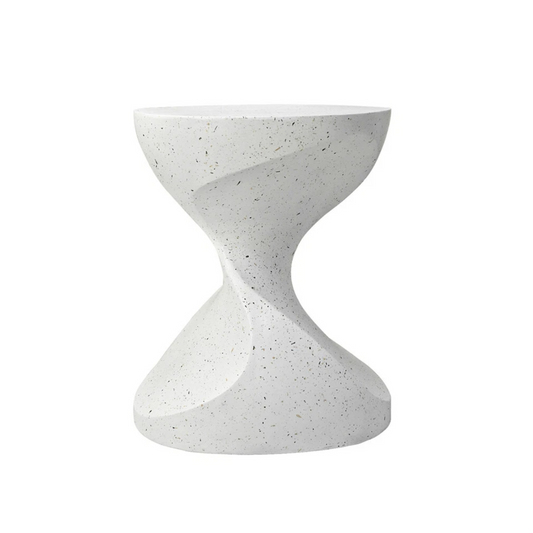 White concrete hourglass side table for indoor and outdoor use