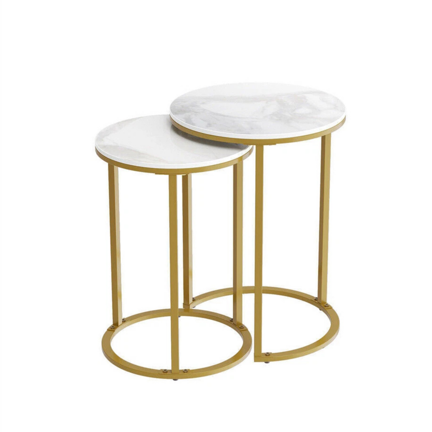 White set of two sintered stone nesting side tables with gold legs