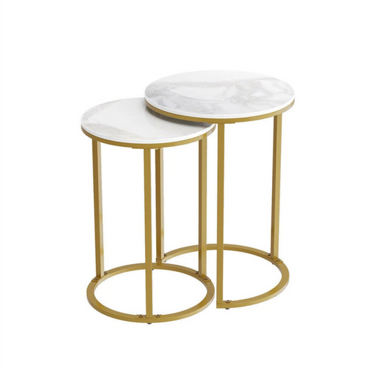 White set of two sintered stone nesting side tables with gold legs