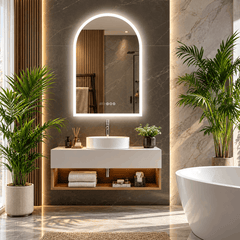 Arched LED mirror with a bright light edge above a floating vanity, round sink, tall plants and a bathtub
