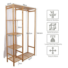 Bamboo open wardrobe clothes rack dimensions diagram with a dustproof curtain, side shelves and load capacity icon