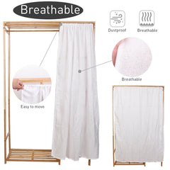 Bamboo open wardrobe rack with a white dustproof curtain pulled across the front and a close-up of the curtain fabric
