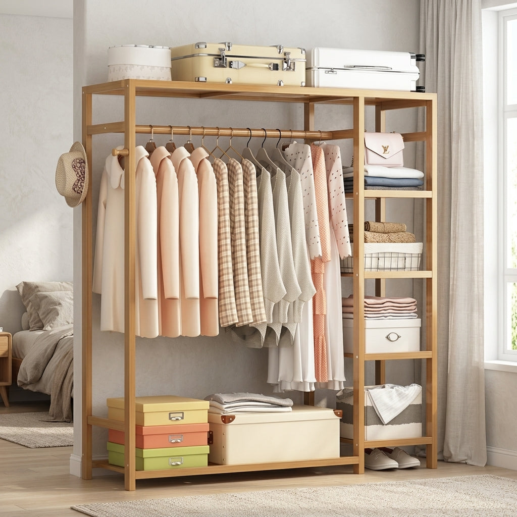 Bamboo open wardrobe clothes rack in a bedroom with clothes on the rail, suitcases on top and boxes on the shelves