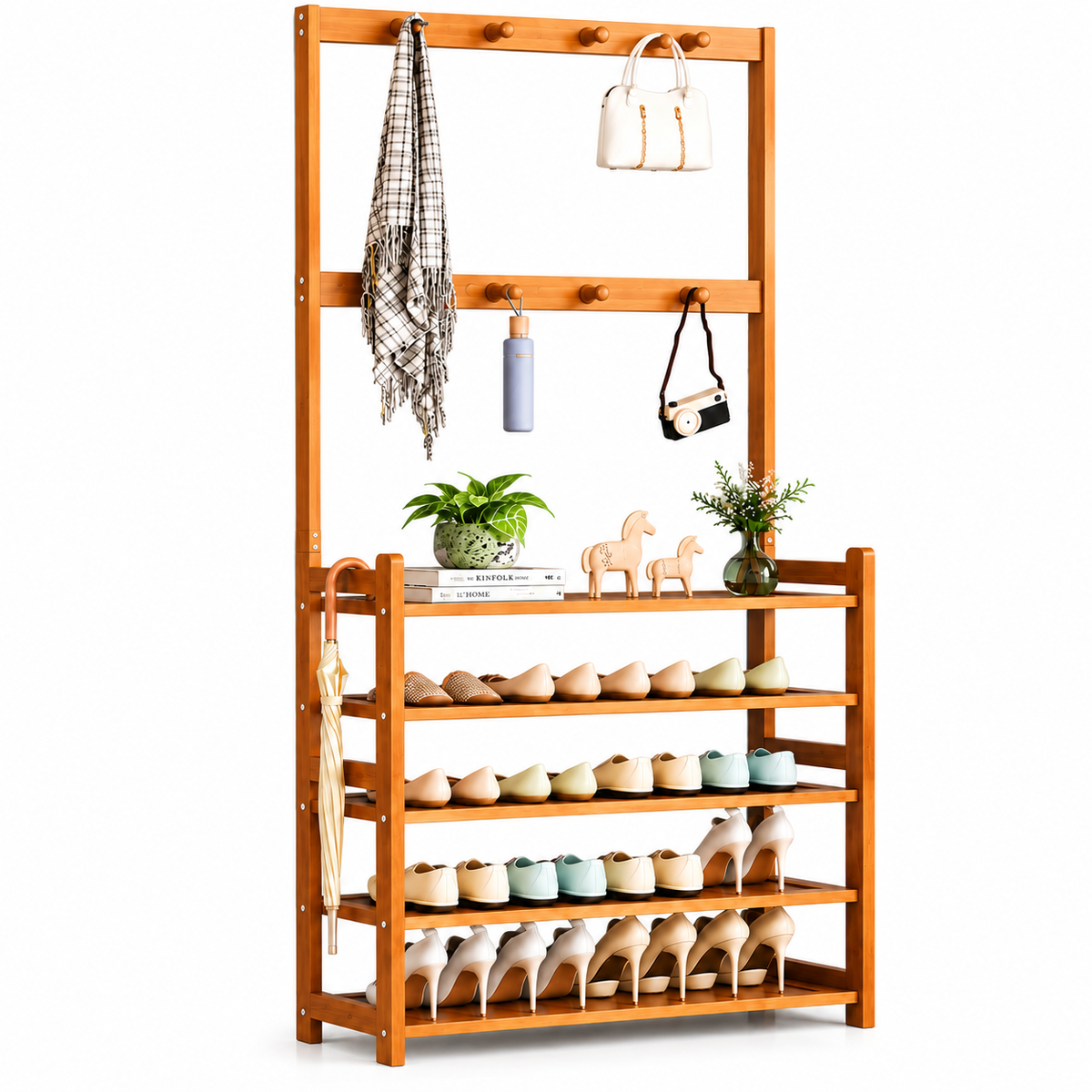 Bamboo coat and shoe rack with two hook rails and five shelves holding shoes, a scarf, handbag, umbrella and small decor