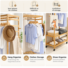 Collage of the bamboo clothes rack holding hats and bags on hooks, shirts on the rail and baskets and slippers on shelves