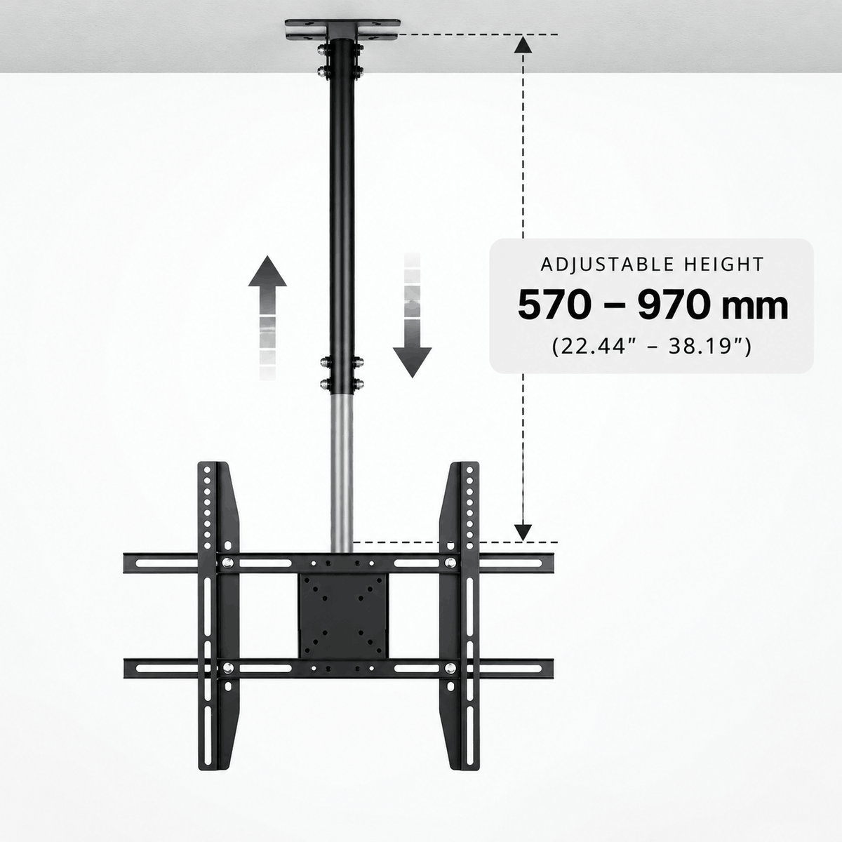 Black ceiling TV mount with arrows showing the pole adjusting up and down and the height range below the ceiling