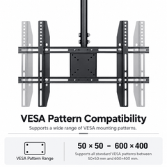 Black ceiling TV mount with sliding TV brackets shown at narrow and wide positions above a VESA range label