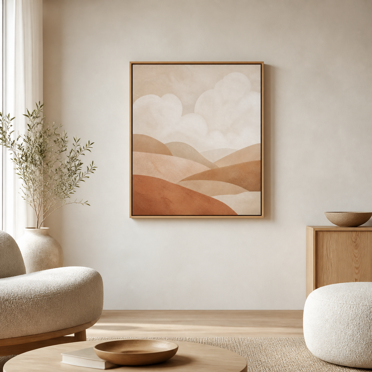 Clay and Cloud birch floating frame canvas in a neutral interior