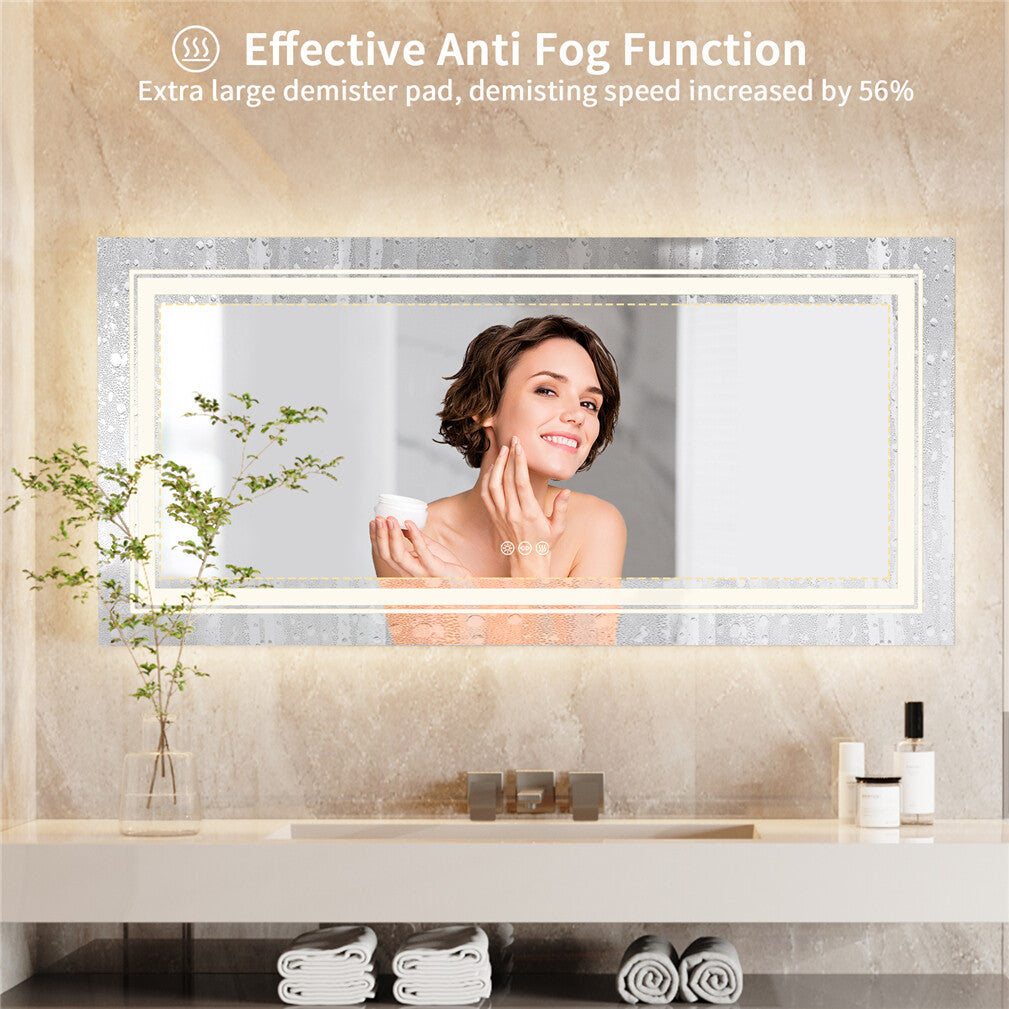 Oversize dual-light anti-fog LED bathroom mirror, close-up