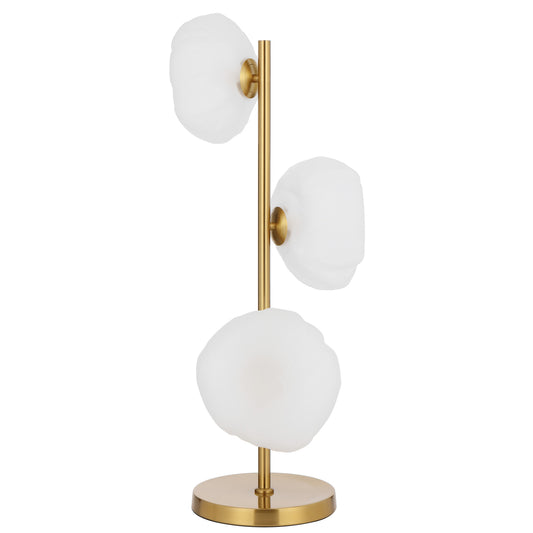 Chamonix three-light table lamp with antique gold frame and frost glass