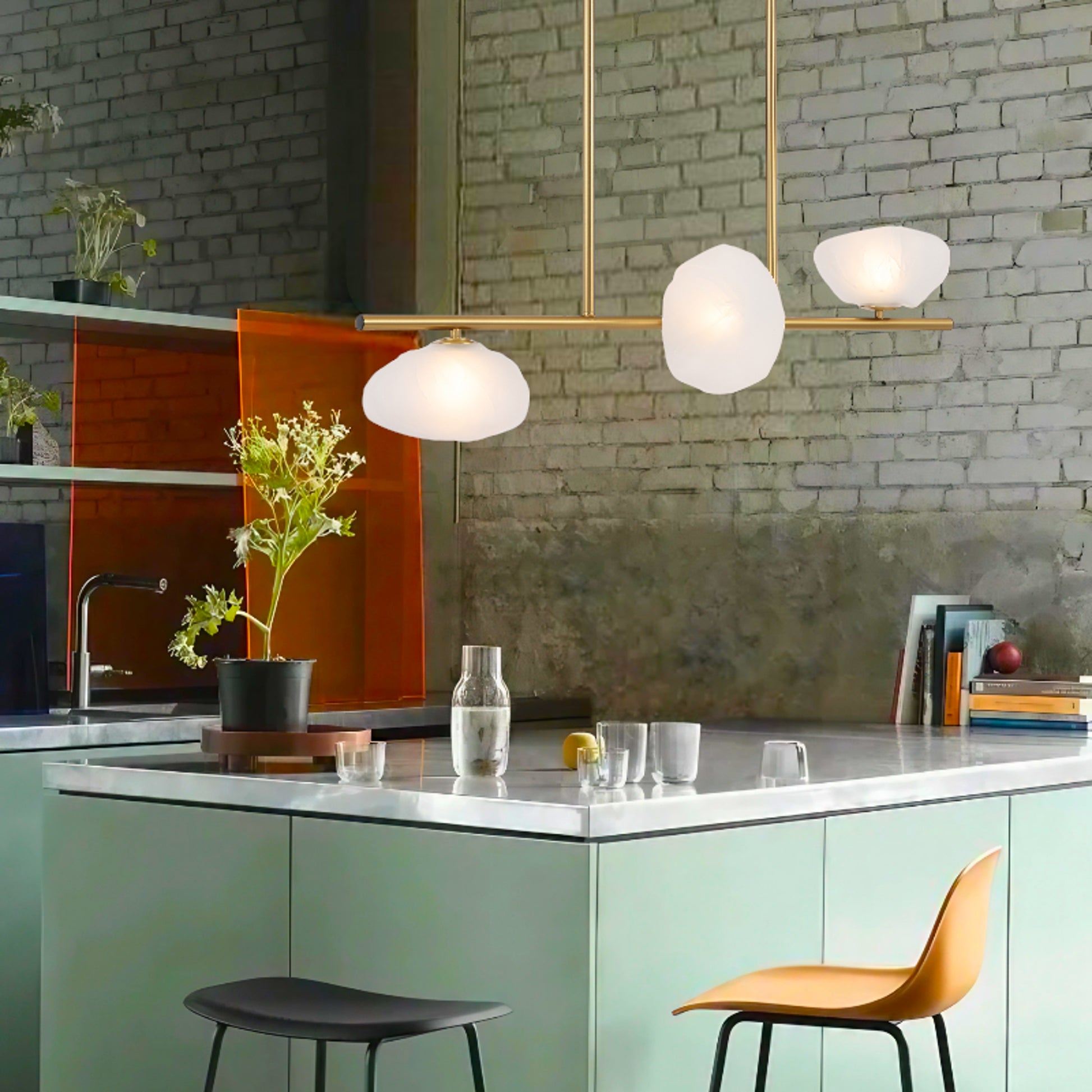 Decorative antique gold pendant light with three frost glass lights