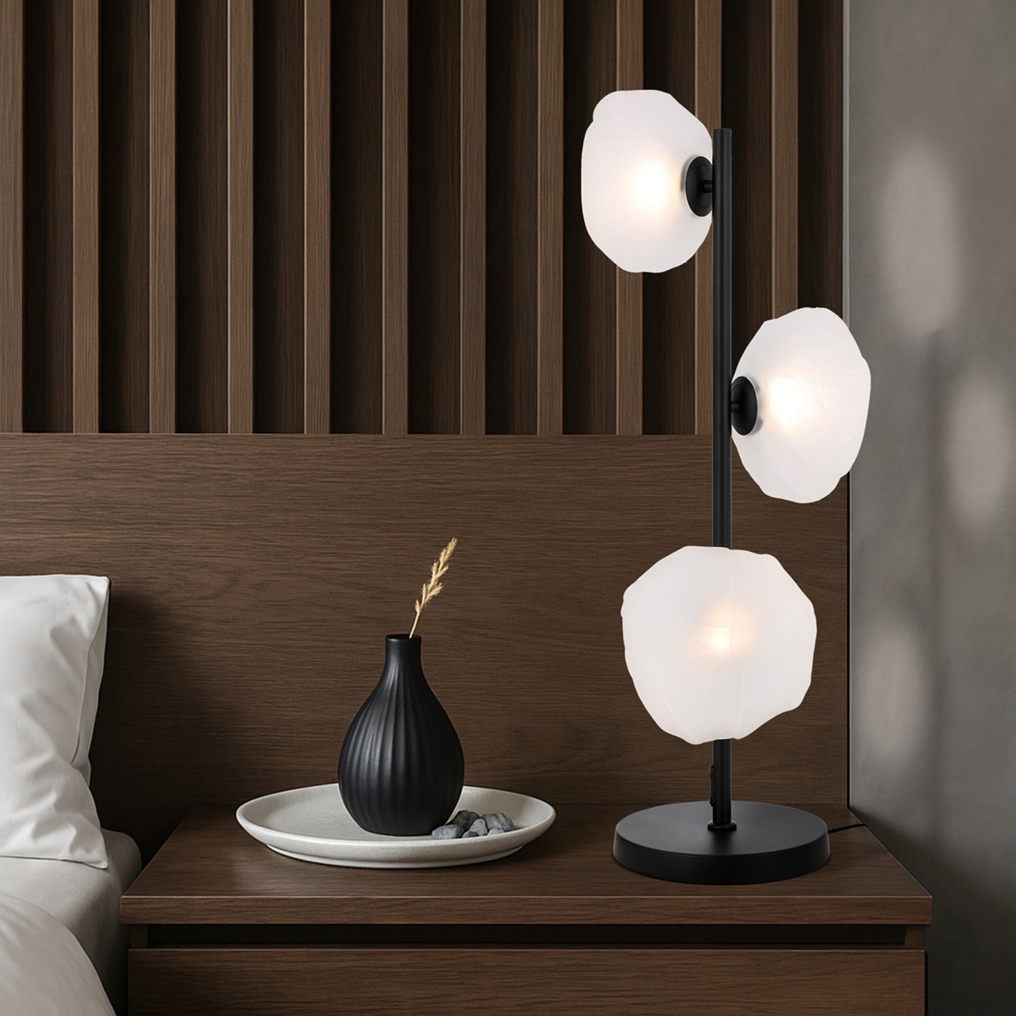 Decorative black table lamp with three G9 lights and frosted glass
