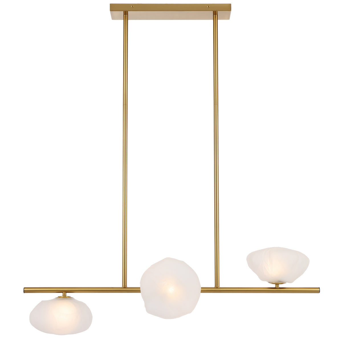 Amiens three-light horizontal pendant with antique gold frame and frost glass