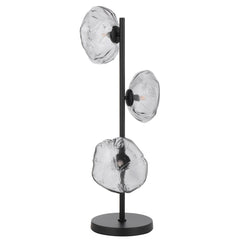 Black table lamp with three lights and elegant smoke glass shades