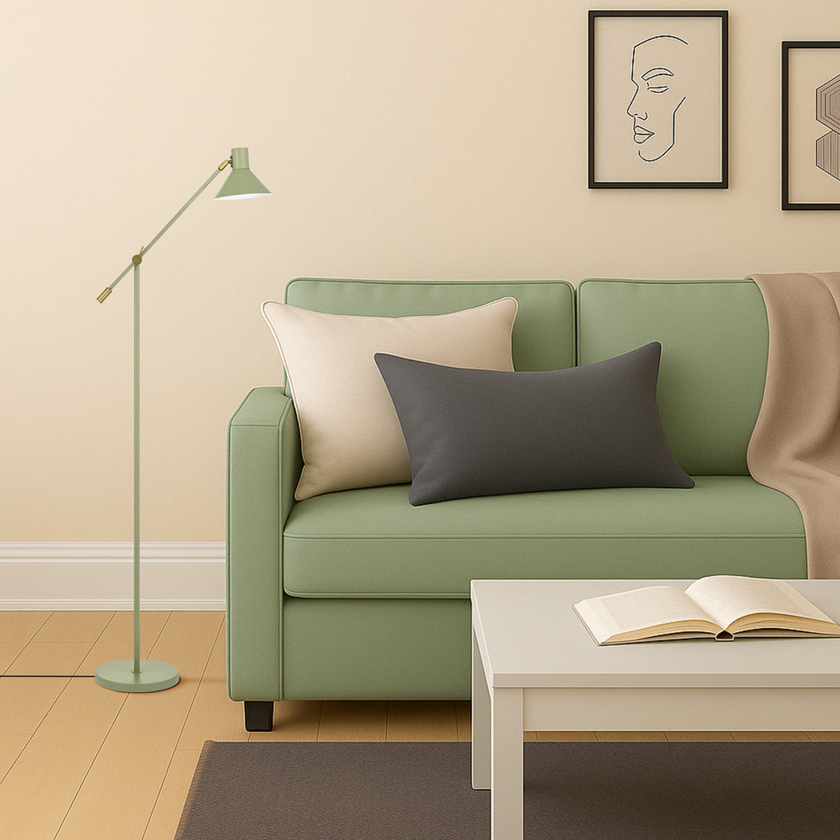 Solara TFS FLOOR LAMP 6wGU10max 631x250 H:1473 SHADE D:180 GREEN SATIN / BRASS