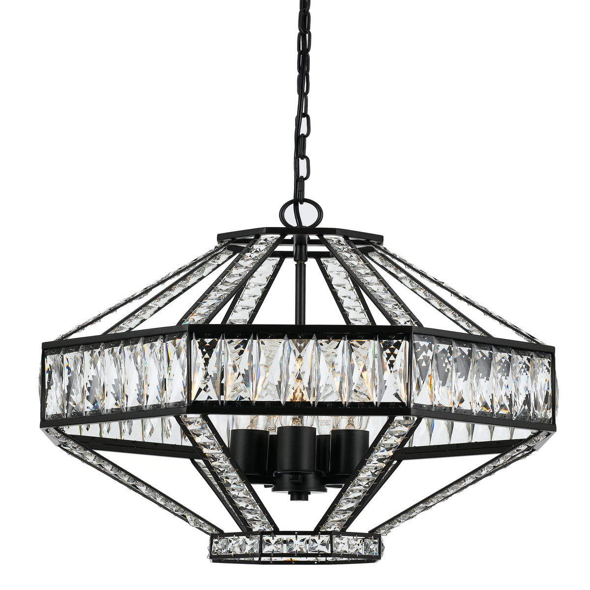 Oiled bronze pendant light with five clear crystal shades