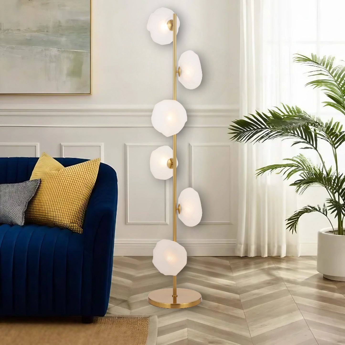 Lille Floor Lamp with 6 Frost Glass Shades – Antique Gold Finish