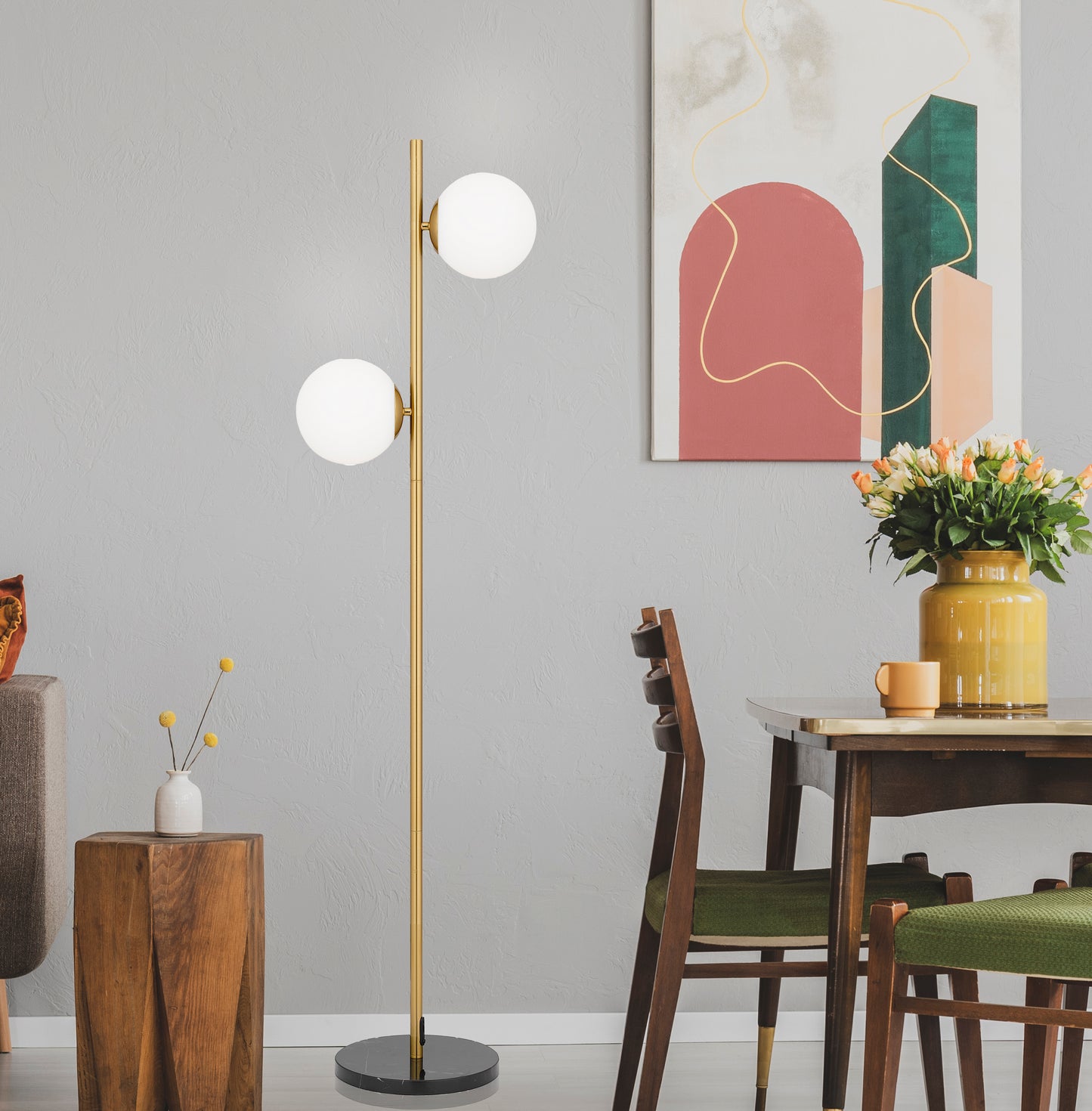 TFS 2 LIGHTS FLOOR LAMP 2x25wE27 D:240 H:150 ANT GOLD/BLCK MARBLE/OPAL MTT