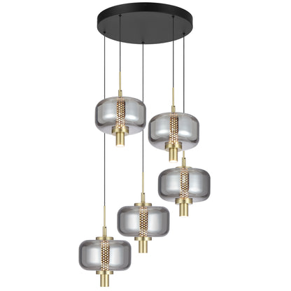 Almeria TFS Pendant Light – 5x8W LED, Dimmable, Gold & Smoke