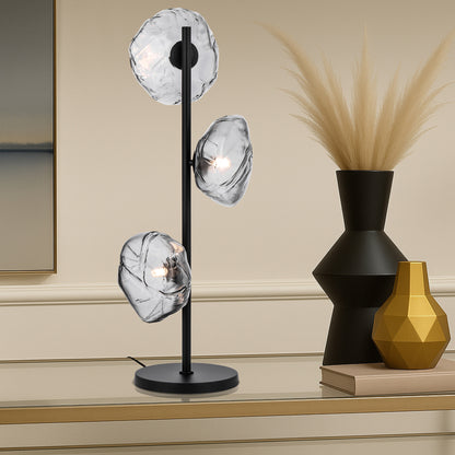Decorative black table lamp with three G9 lights and smoke glass design