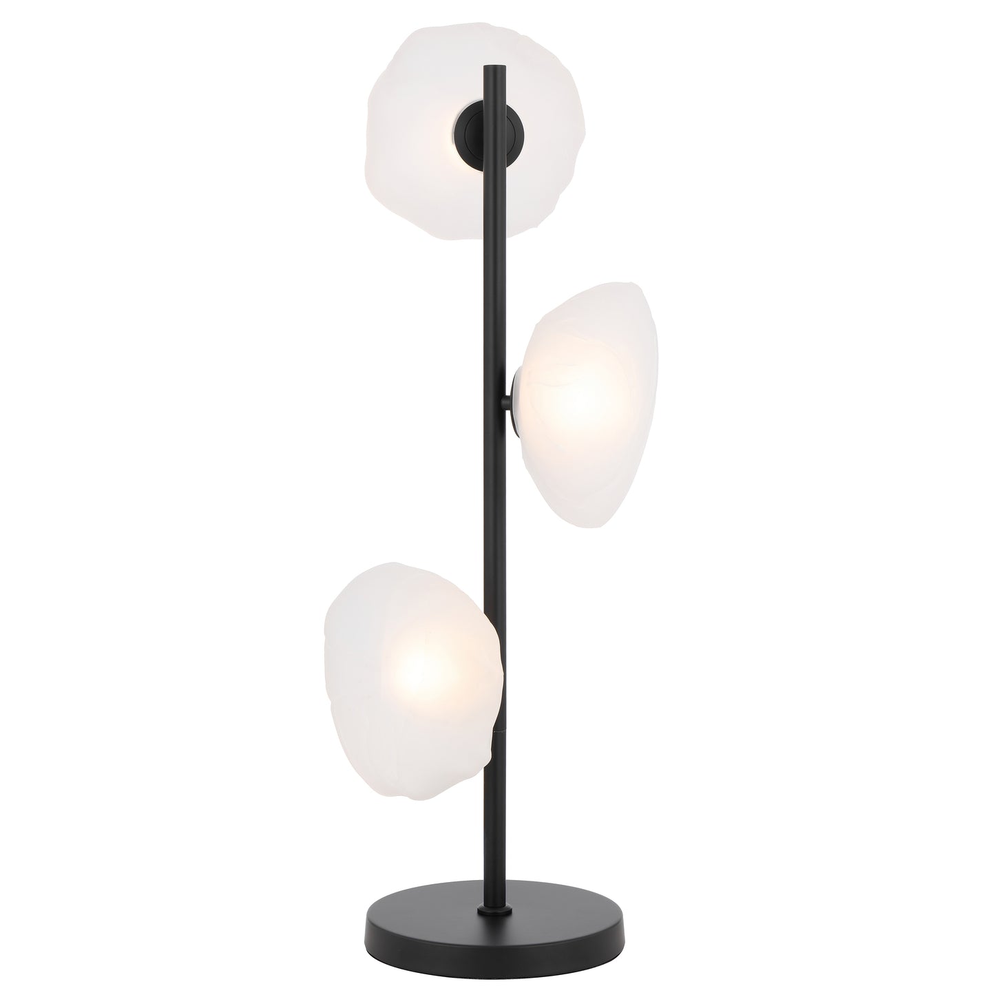 Black table lamp with three lights and elegant frosted glass shades