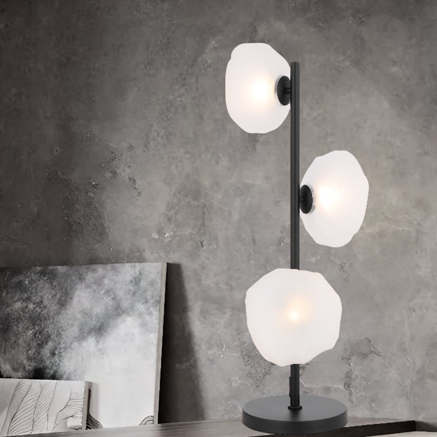 Modern Chamonix table lamp with three G9 lights and gold finish