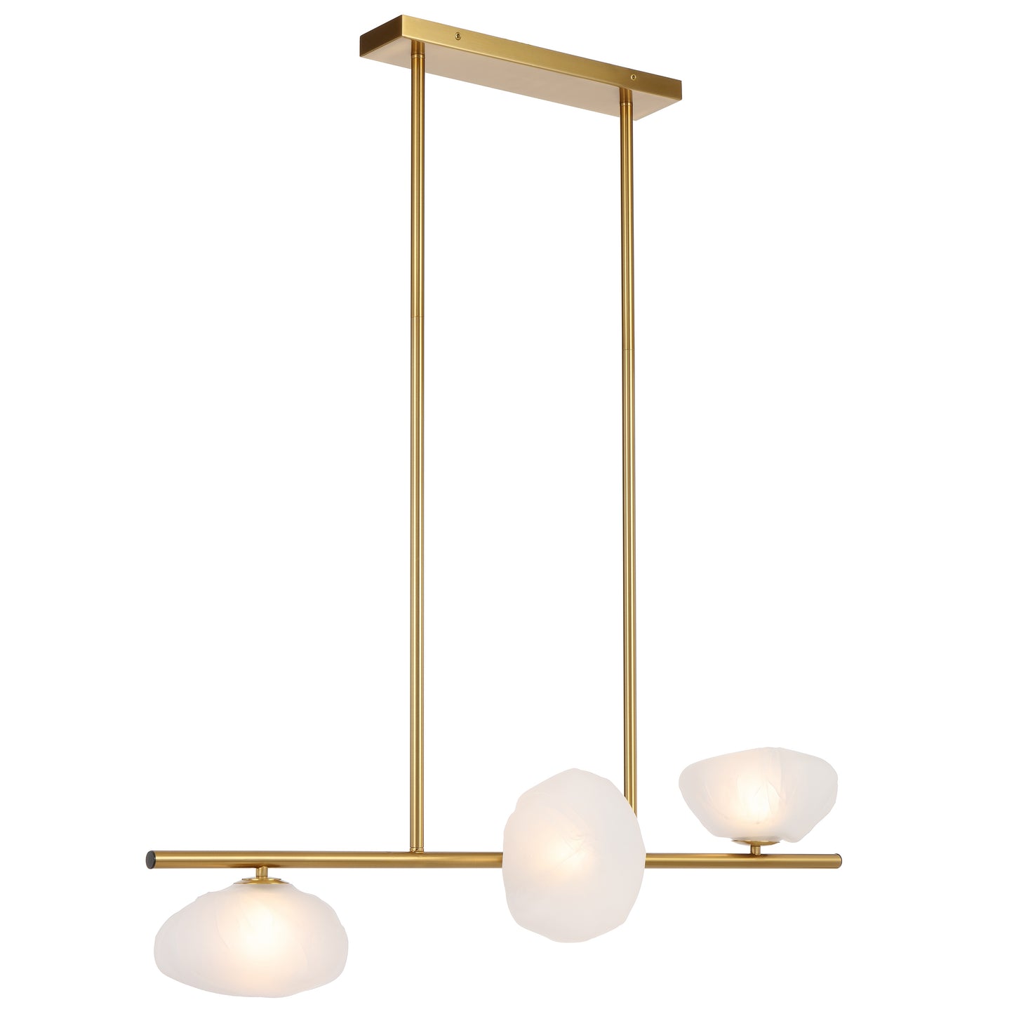 Modern three-light horizontal pendant with antique gold finish and frost glass