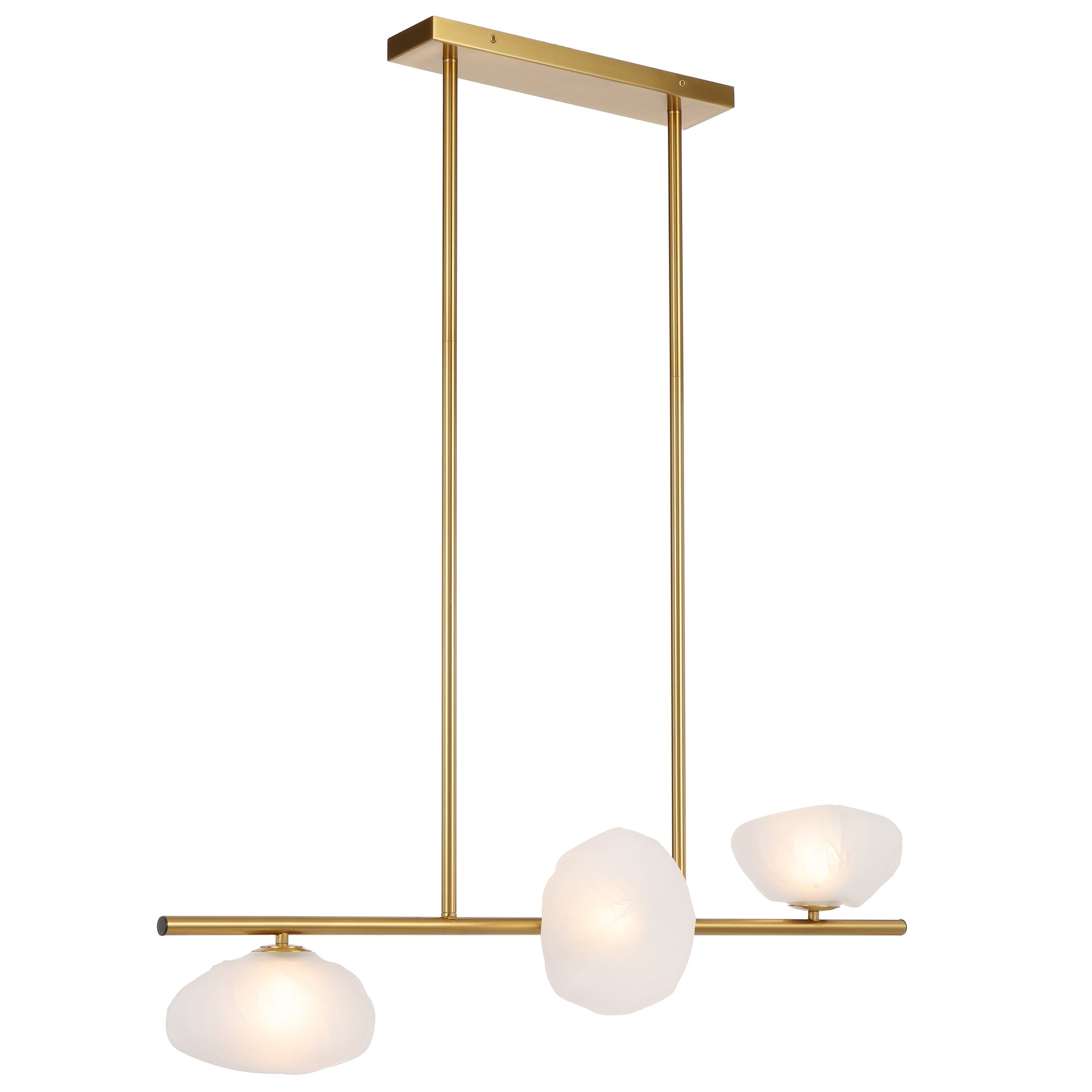 Modern three-light horizontal pendant with antique gold finish and frost glass