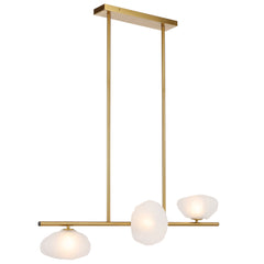 Modern three-light horizontal pendant with antique gold finish and frost glass