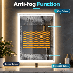 Rectangle LED mirror with steam on the glass and a labelled clear area showing the anti fog function