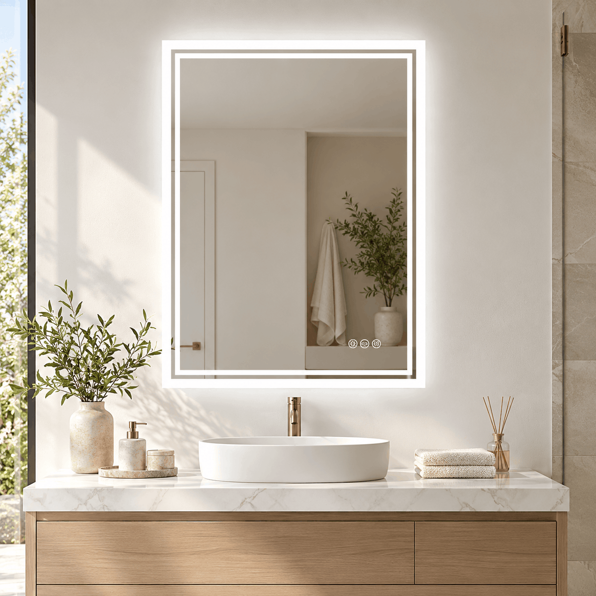 Rectangle LED mirror with a bright white light border above a vessel sink and timber vanity beside a window