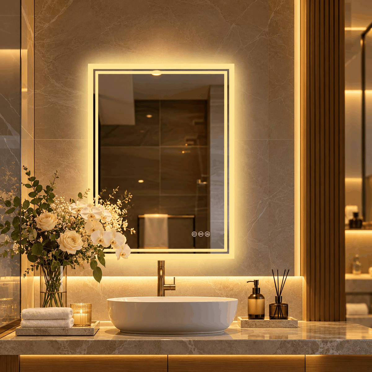 Rectangle LED mirror with a warm glowing border above a vessel sink, tall flowers and a candle on a marble vanity
