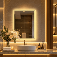 Rectangle LED mirror with a warm glowing border above a vessel sink, tall flowers and a candle on a marble vanity
