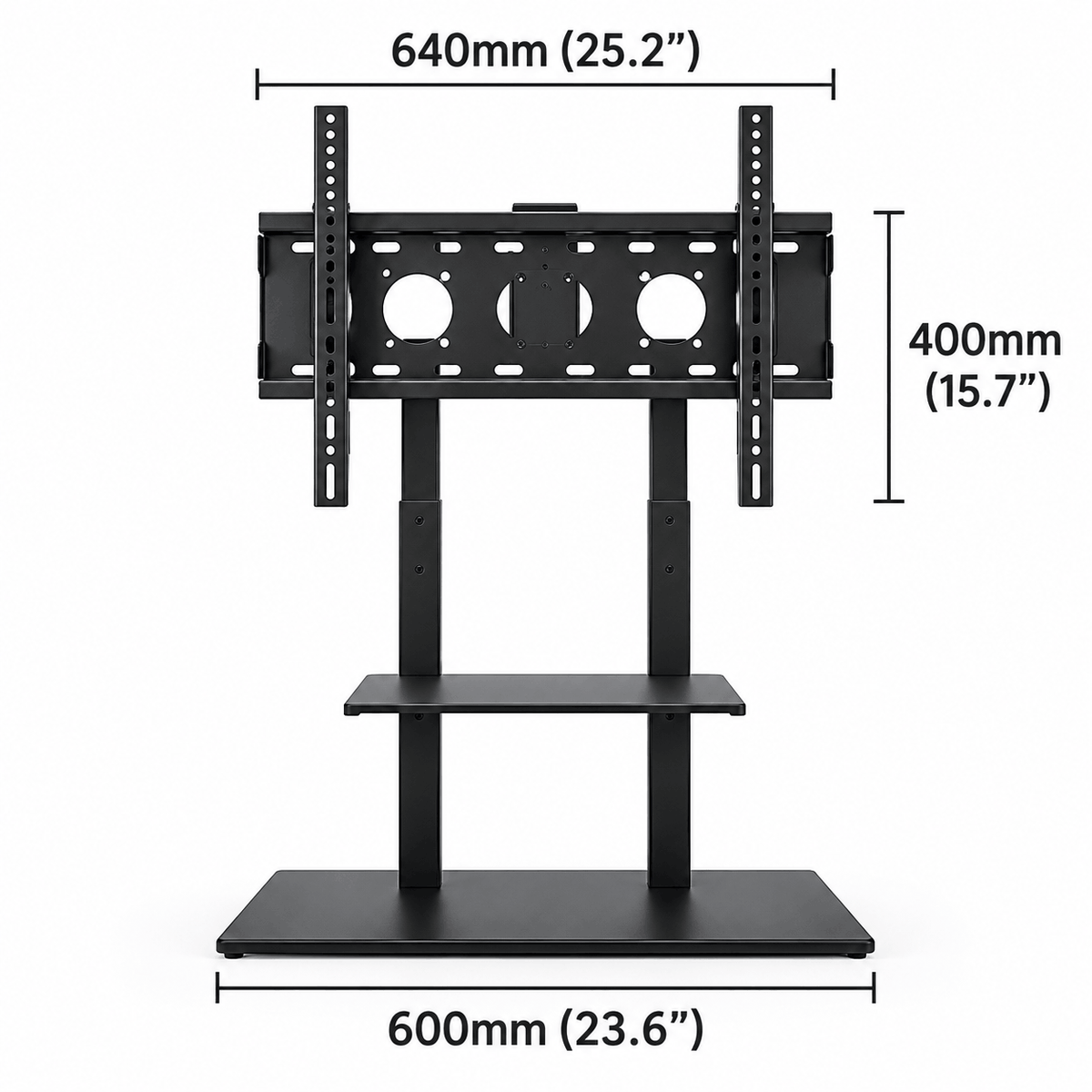 Front view diagram of a black free standing TV stand showing the bracket width and height and the base width
