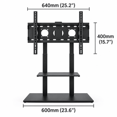 Front view diagram of a black free standing TV stand showing the bracket width and height and the base width